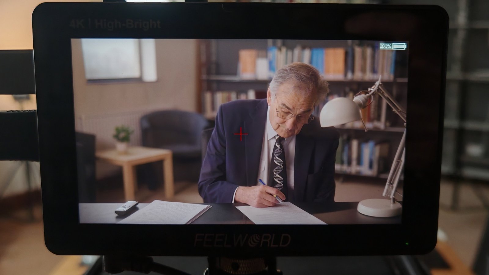 Camera monitor showing a Newbold Connect interview
